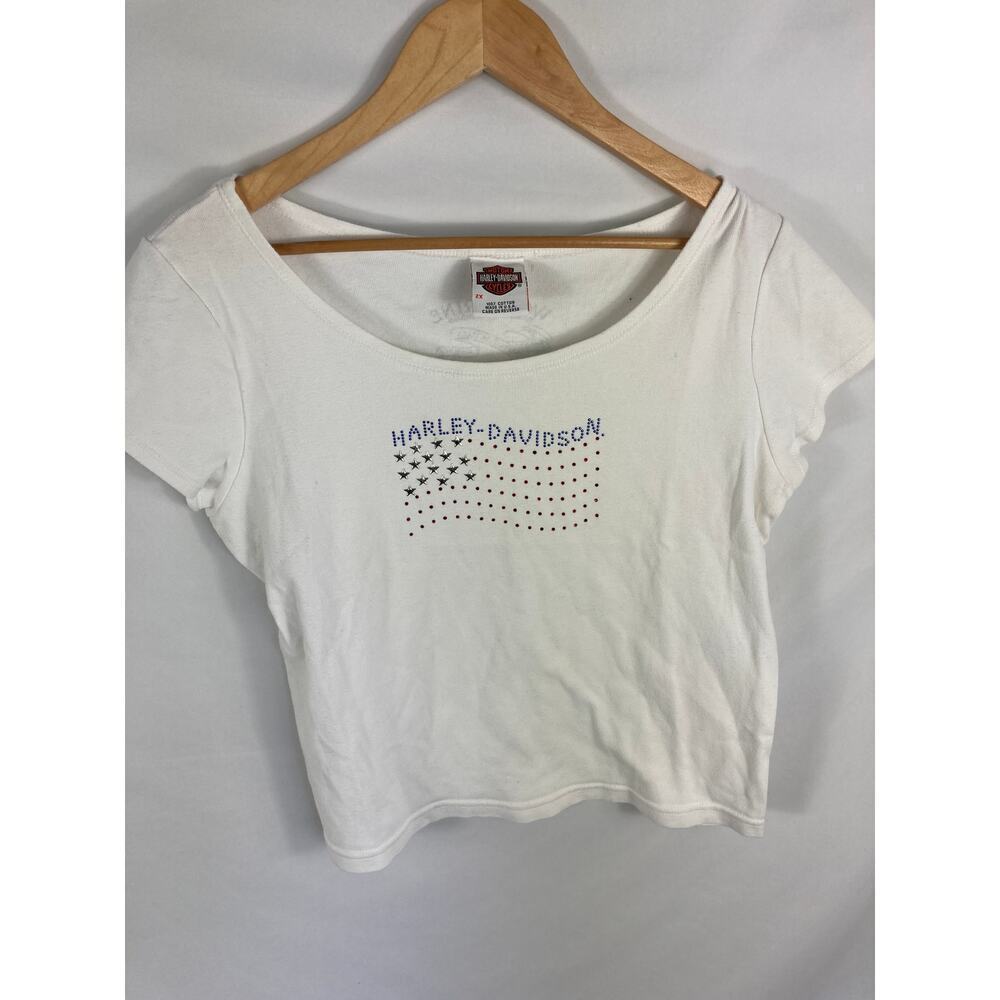 Harley Davidson American Flag Embellished Wolverine Clinton Twp MI Tshirt 2XL